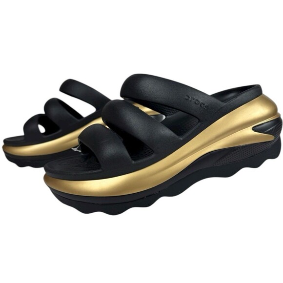 Crocs Mega Crush Women 11 Men 9 Black & Gold Triple Strap Platform Sandal New - Picture 9 of 9